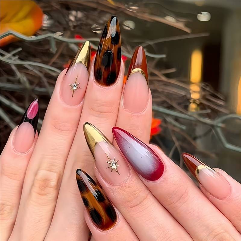 Leopard Print French Nails Patch Red Black Contrast Long Stylish Tips