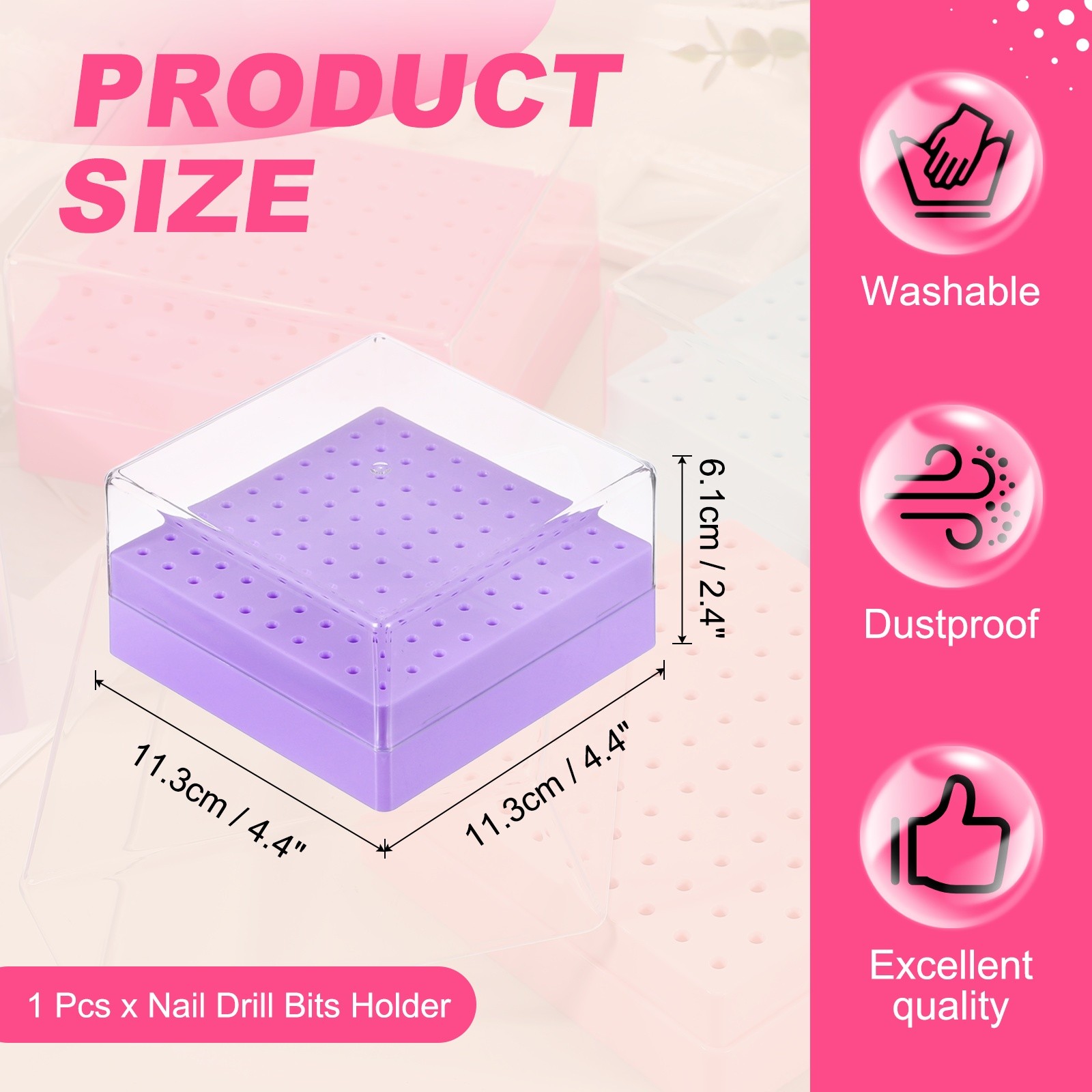 Nail Drill Bits Holder 100 Holes Large Space Drills Bit Case Purple