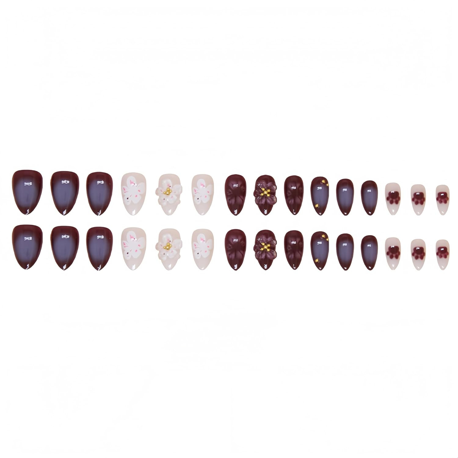 30Pcs Purple Flowers Press on Nails Medium Almond Fake Nails 3D Flower False Nai