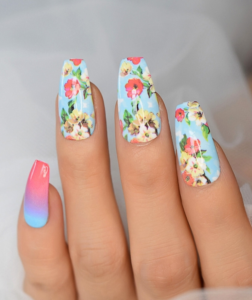 24 Press on nails kit w glue long coffin floral bright barbie pink