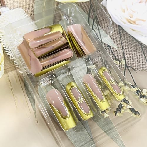 Press On Coffin Shaped Acrylic Glossy Full Cover Square Gold French and Star