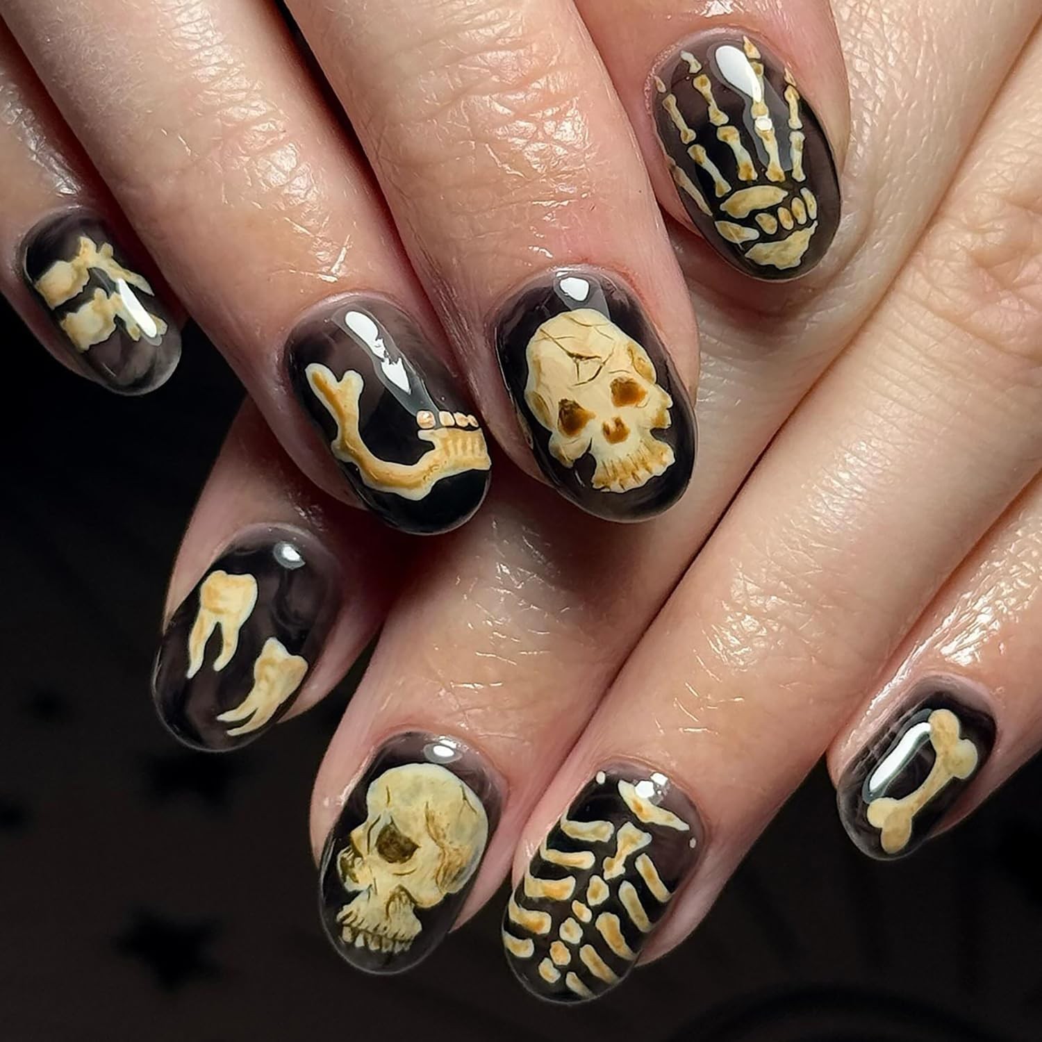 Halloween Skeleton Press on Nails Almond Shaped Fake Nails Glossy Acrylic Pre…