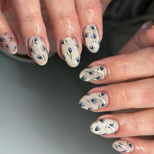 Cat Eye Press on Nails Short Almond False Nails Flower Fake Nails Artificial