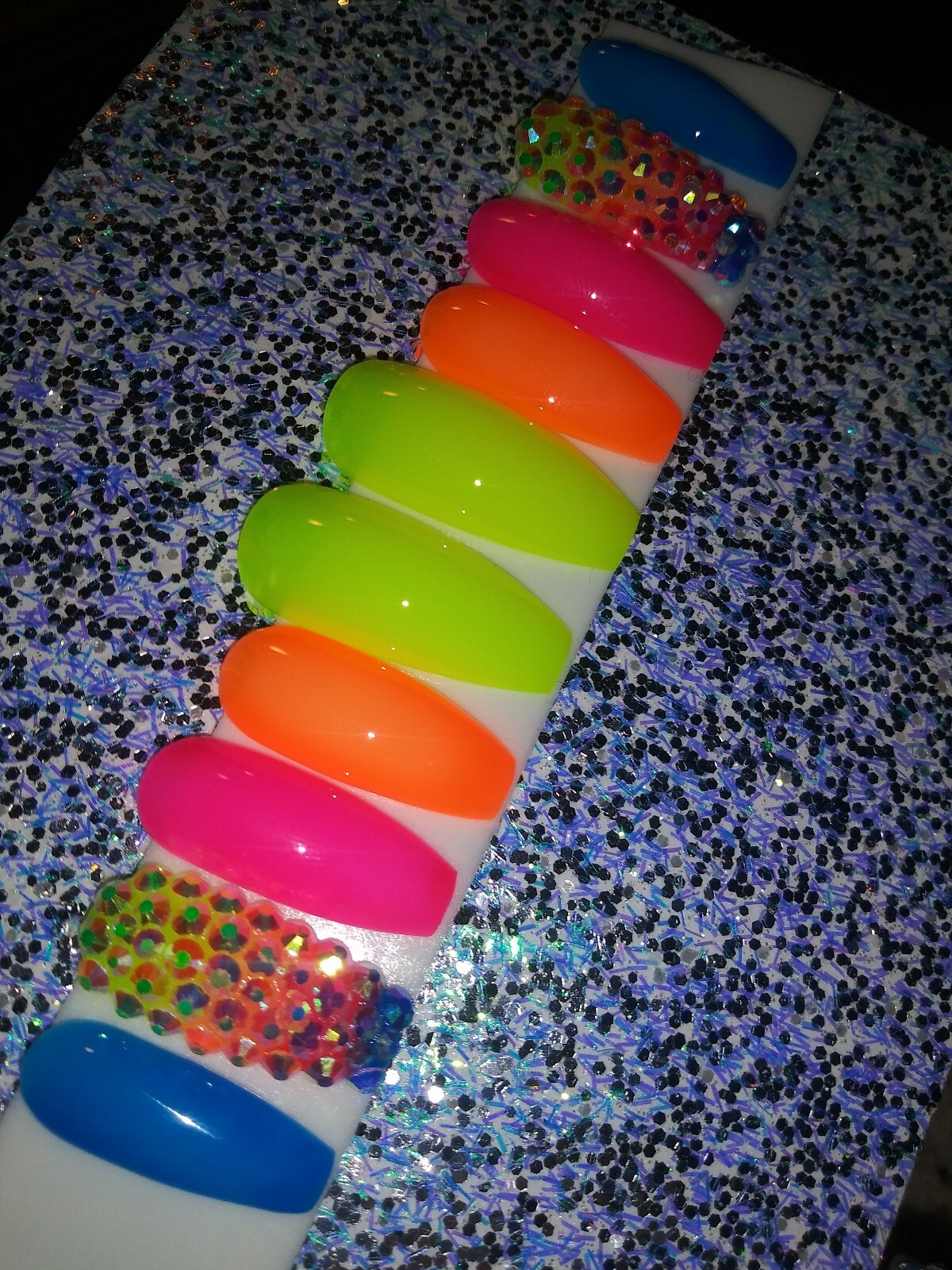 Neon Rainbow ombre bling nails w/ crystals Gel Press On jelly nails full set
