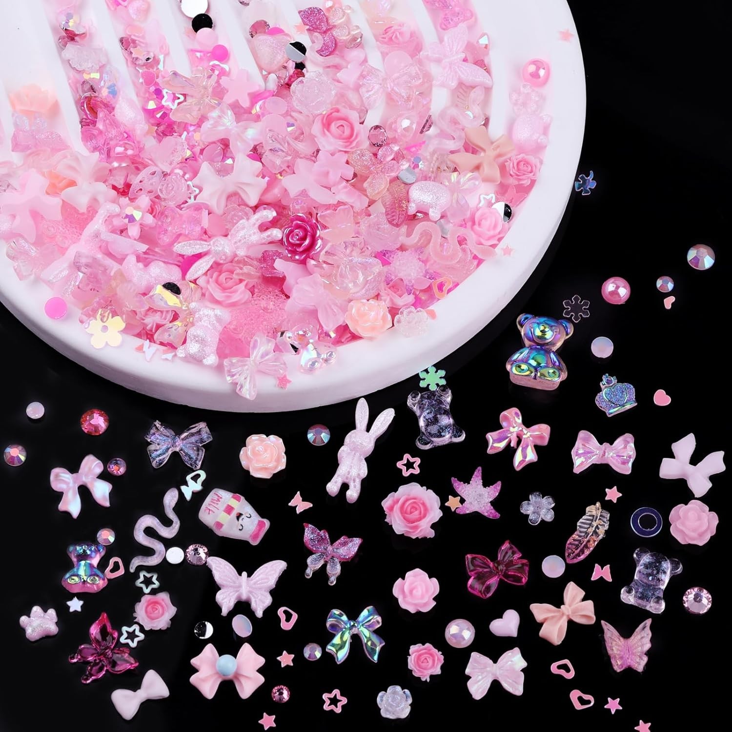 300pcs Nail Art Charms Kit,Over 100pcs Mixshape Resin Nail Gems and 100pcs-pink