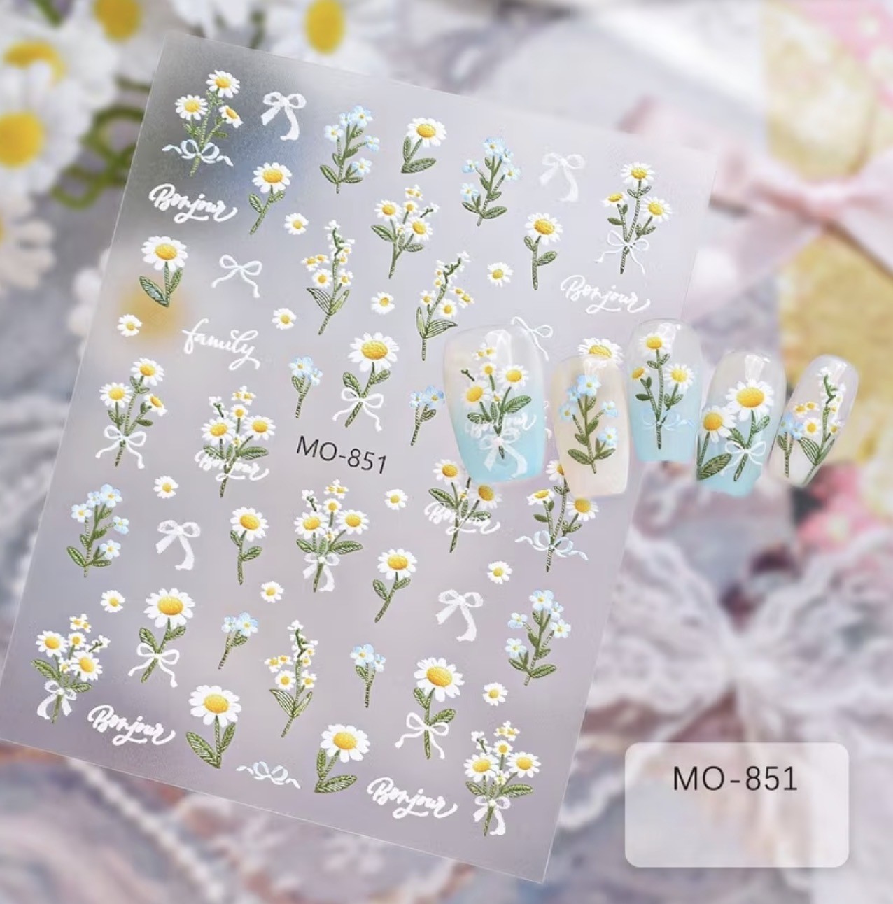 5D Daisy Nail Stickers Forget Me Not Bow White Floral Decals Summer DIY MO-851