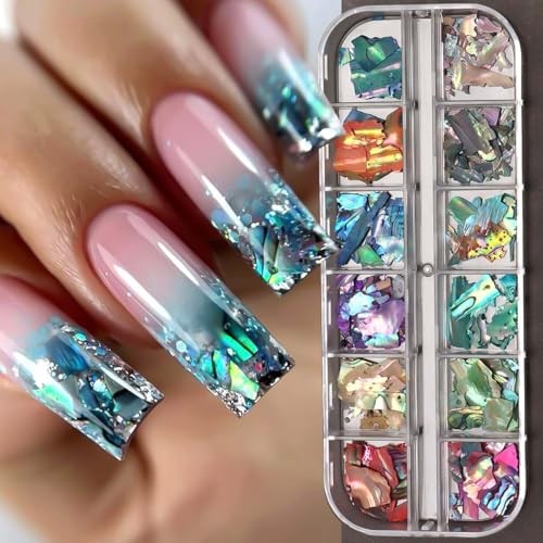 Aurora Shell Nail Glitter Flakes,Holographic Irregular Abalone Slices Sea