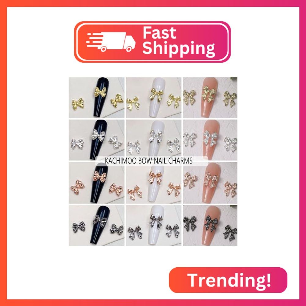KACHIMOO 120 PCS Bow Nail Charms Silver Gold Black Rose Gold Bowknot Nail Art Ch