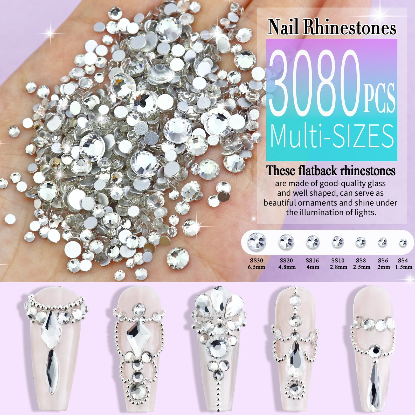 3200PCS Nail Art Rhinestones, Crystal Clear Flatback Rhinestones for Nails, C…