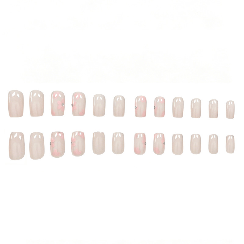 48p Short Square Press on Nails, Milky White French Pink Floral Cute Daily Nails