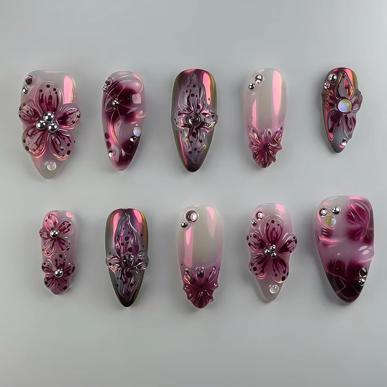 Press on Nails – Medium Almond Fake Nails with Purple Acrylic Handmade 3D Flower