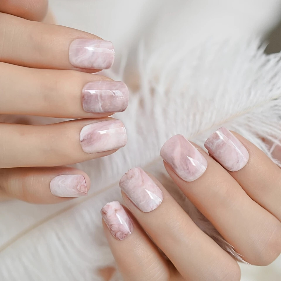 24 Short Press on nails kit w glue pink marble swirl
