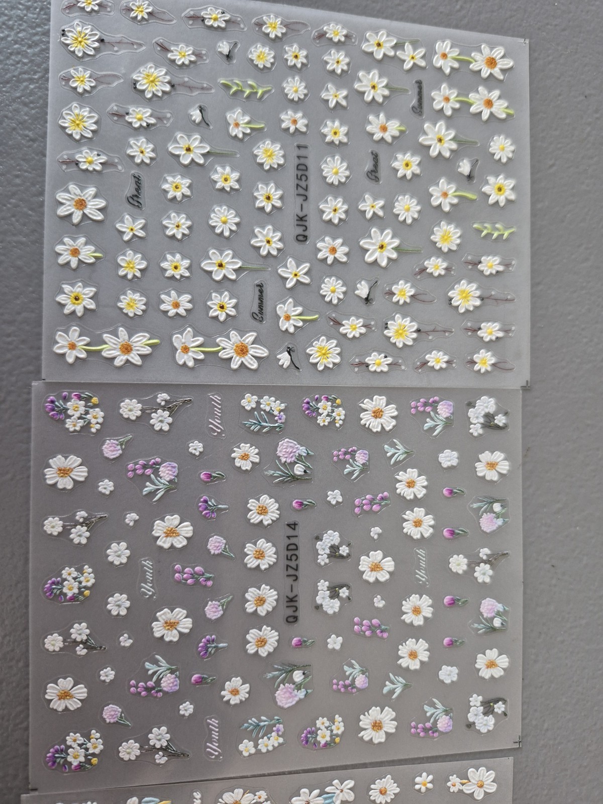 4 Sheets Nail Art Stickers, Flowers Quotes Blue Purple White Yellow NEW