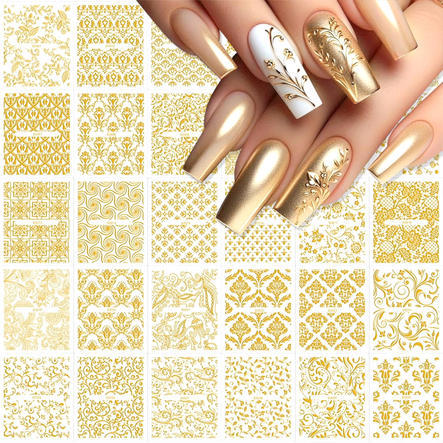 30 Nail Stickers,Gold Lace Flower Nail Art Stickers,3D -Adhesive Nail Decals,…