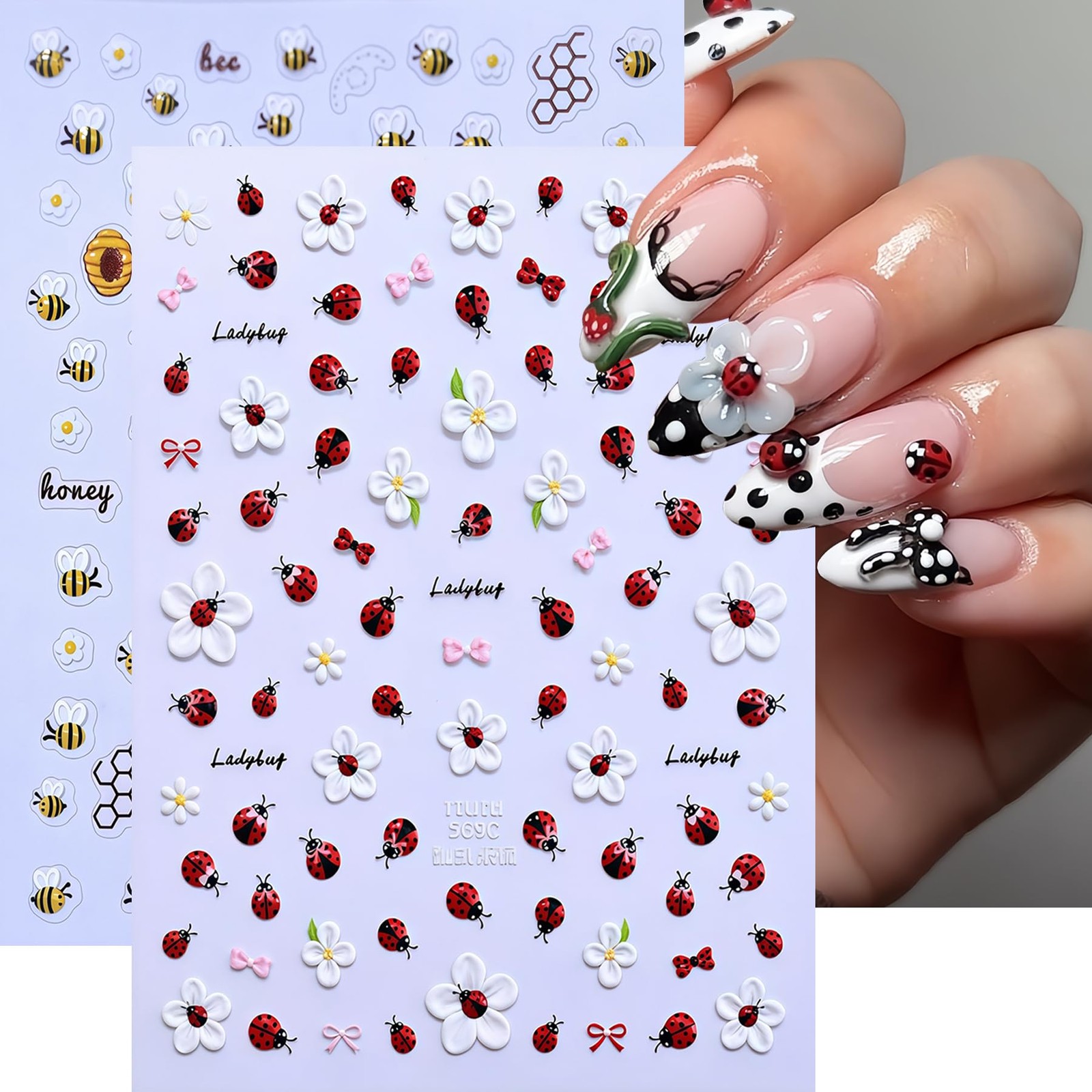 2 Sheets Floral Ladybug Nail Stickers 5D Embossed Cute Bee Nails Decals Tiny …