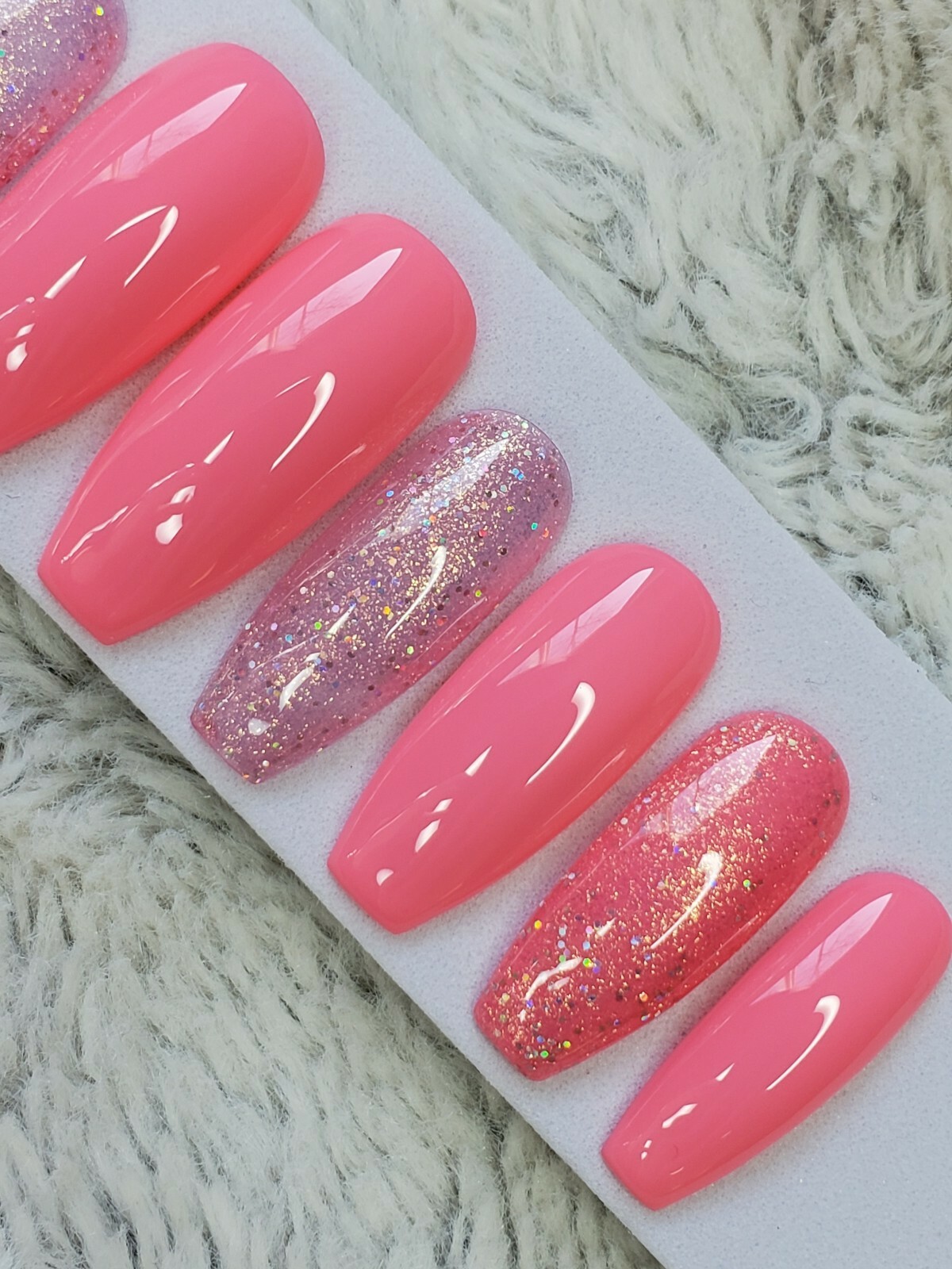 Bright barbie pink Nails Long coffin neon glitter press on nails baby gender set