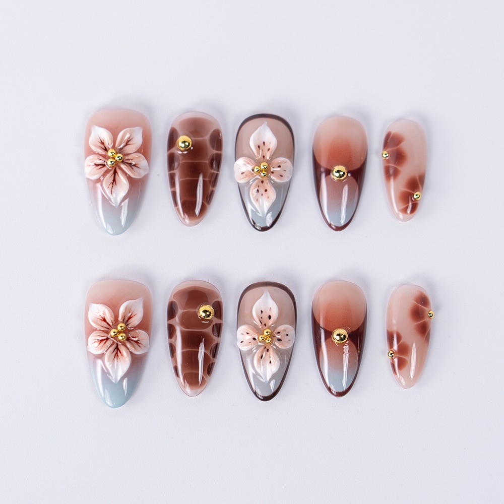 10/20PCS Handmade Almond Shape Press On Nails Gradient Floral Fake Nails S-L