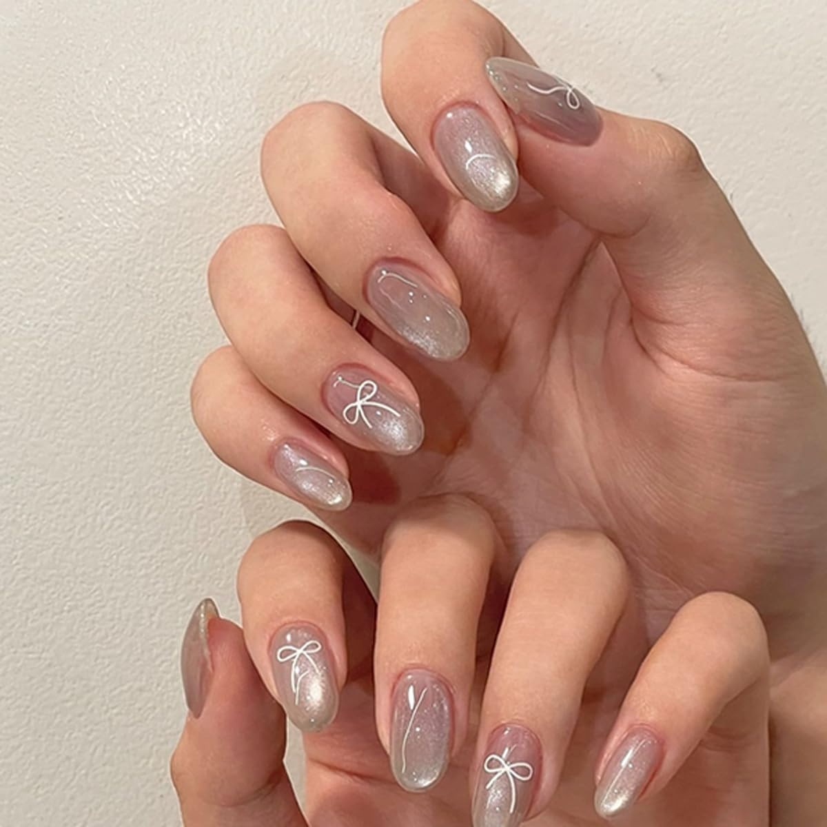 Polka Dot Press on Nails Short Almond Fake Nails Summer Blue Nails Press Ons wit