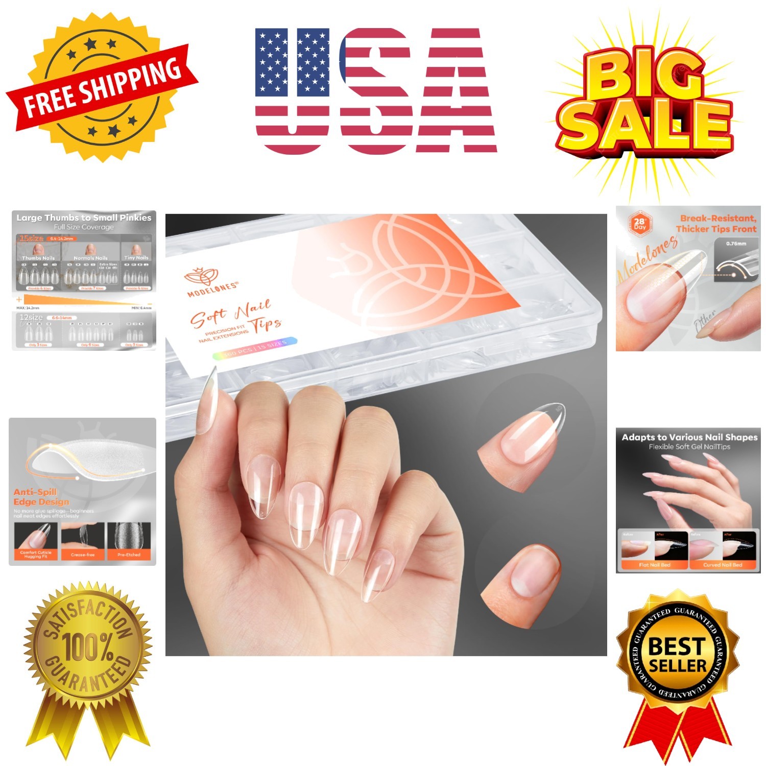 Short Almond Nail Tips, 360pcs Pre-etched Clear Soft Press On Fake Nails Full…