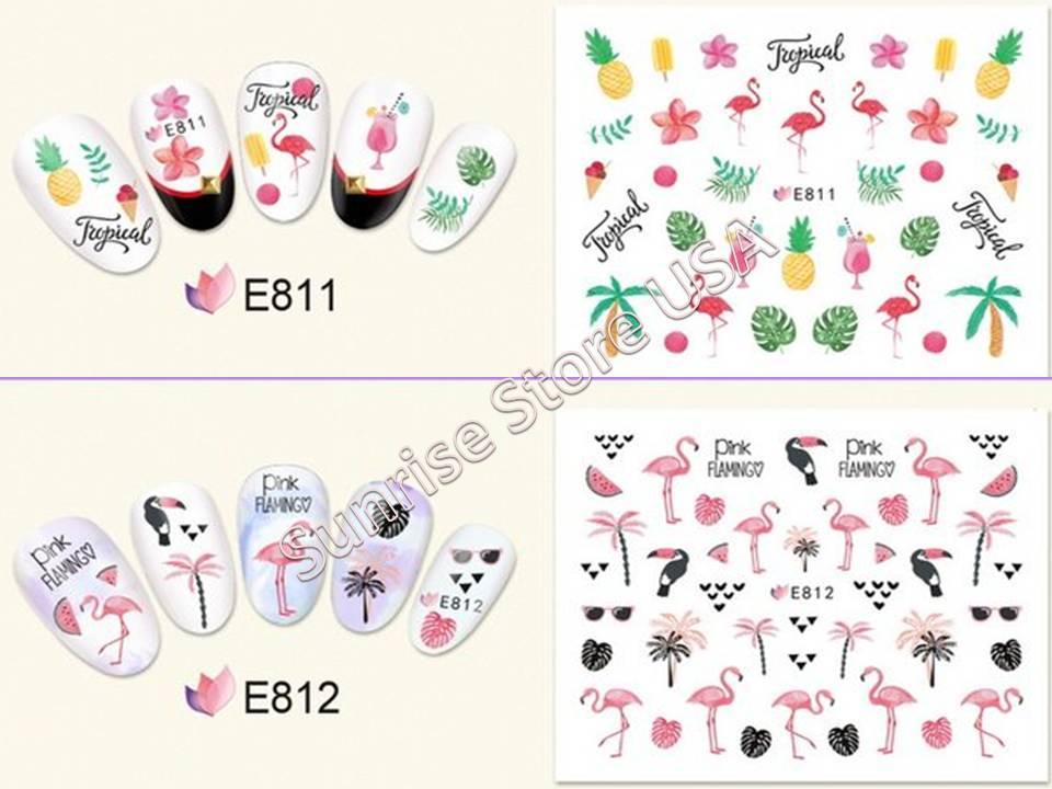 11 Design 3D Nail Art Sticker Summer Palm Tree Flamingo Bird Fruit Flower Decals