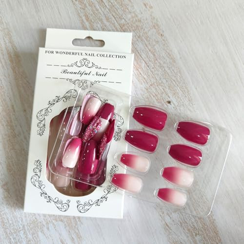 24Pcs Glitter Press on Nails Coffin Medium Fake Nails Pink Purple Nails Press