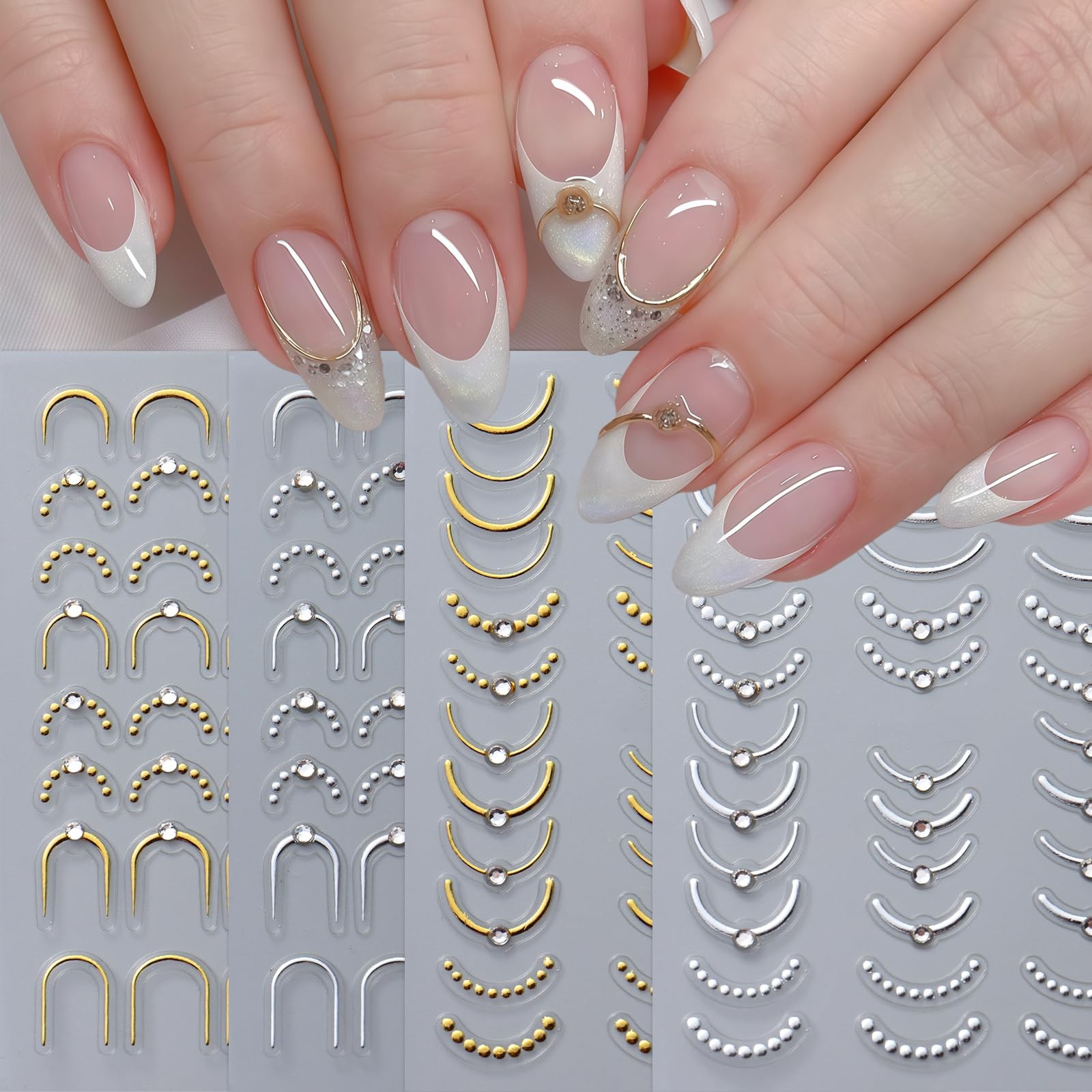 4 Pcs French Line Nail Art Stickers Decals 5D Embossed Gold Sliver Lines Nail…
