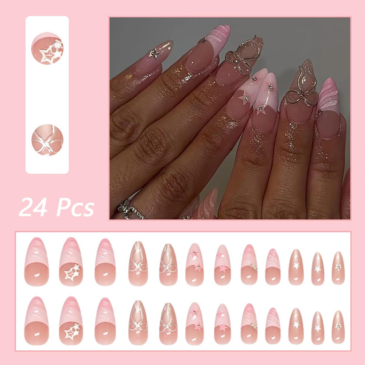 24Pcs Pink French Tip Press on Nails Medium Almond Fake Nails with Rhinestone…