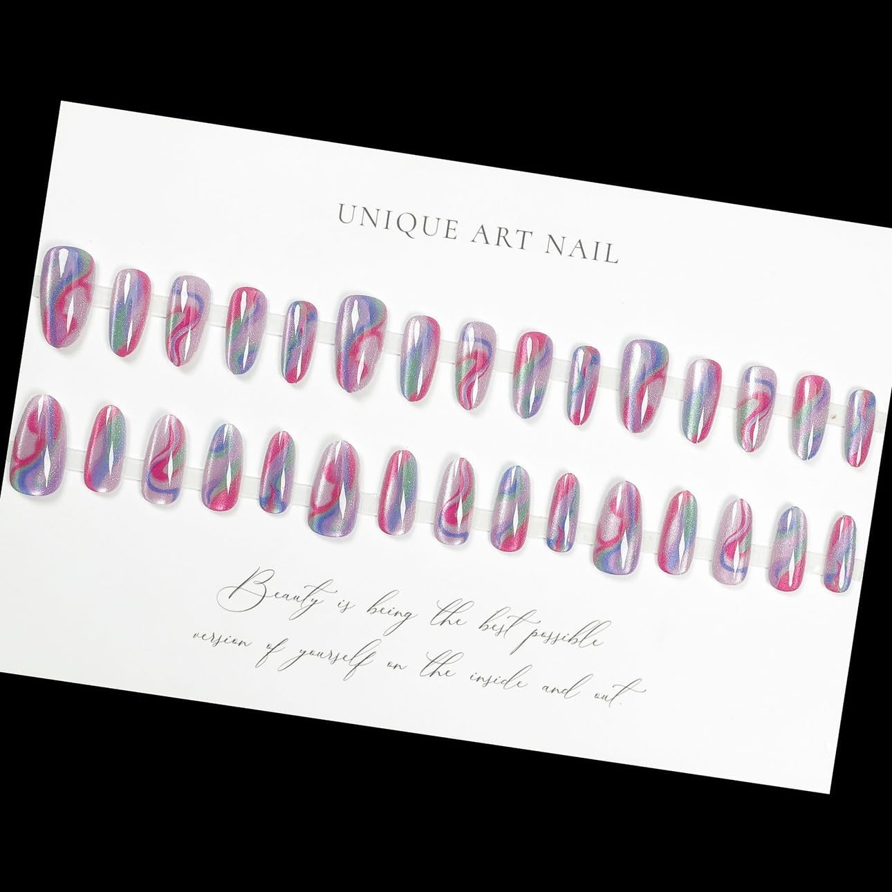 Colorful Press on Nails Almond – Medium Cat Eye Fake Nails with Stripe Design…