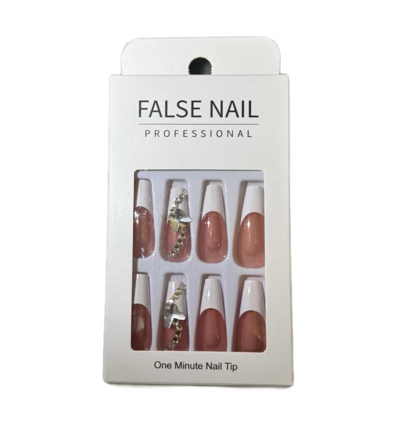 Long Coffin Shape French Style 3D Butterfly Acrylic Press On Nails W/ Rhinestone