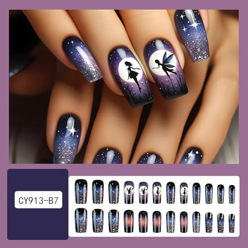 24Pcs Cute Elf Stick on Nails Long Length Flash Stars Sky Design Press on
