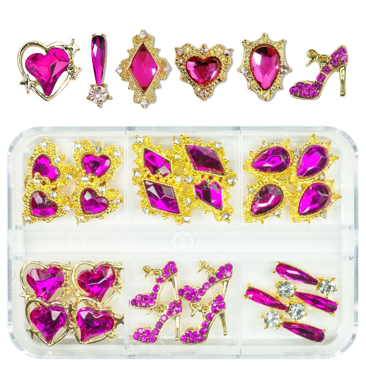 qiipii 24pcs Rose Pink Nail Rhinestones 1 Box, Luxury Charms – Red