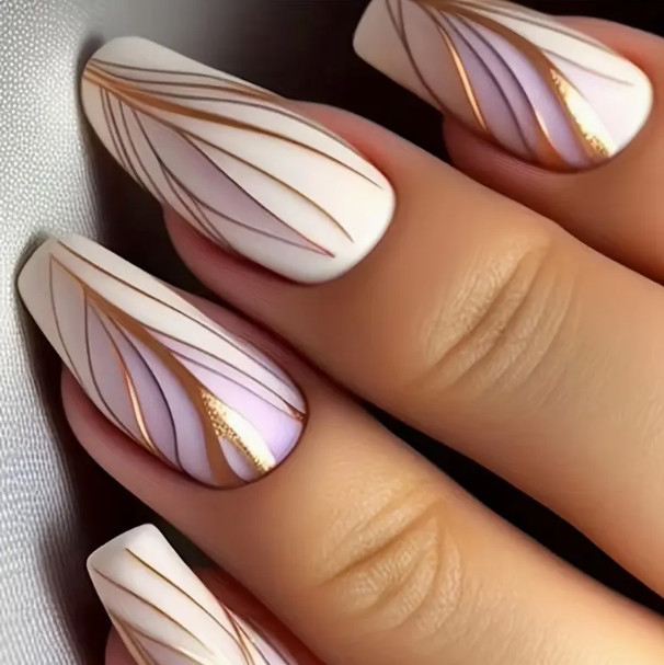 24 Pcs Press-on Nails – Medium Coffin Glossy – White & Purple w/Matte Gold Lines