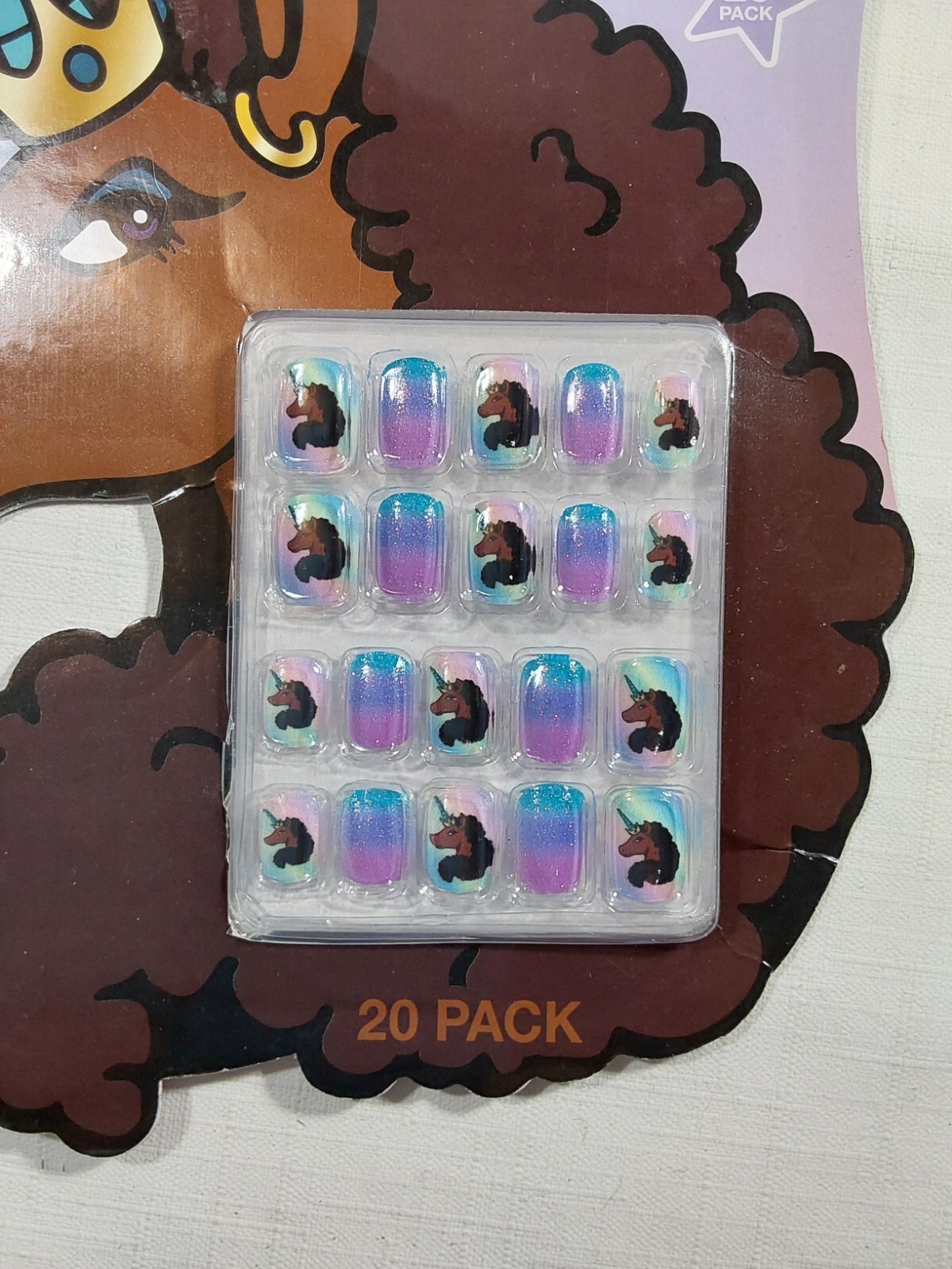 Afro Glitter Unicorn Multicolor Easy to Apply Press On Fake Nails Set 20 Pack