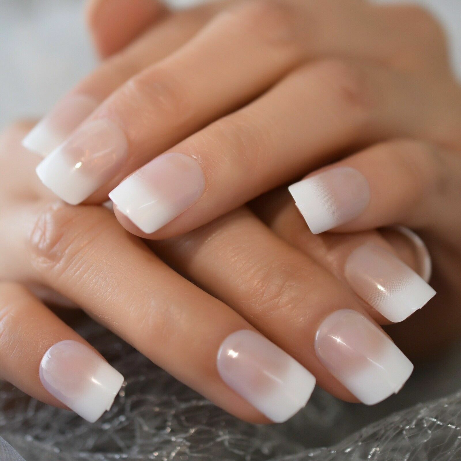 French Tip Ombre – Medium Square Press On Nails – Glue On False Set- 24 pc Kit