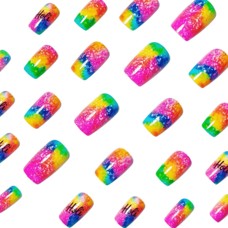 48 Pcs Rainbow Glitter Holi Print Press on Nails, Long Coffin Bright Fake Nails