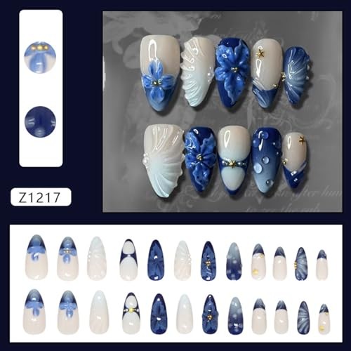 Blue Flower Press on Nails Medium Almond Metal Starfish and Gold Beads