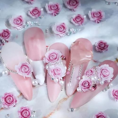 3D Rose Nail Art Charms Flower Nail Charms with Pearls Beads Flower Purple