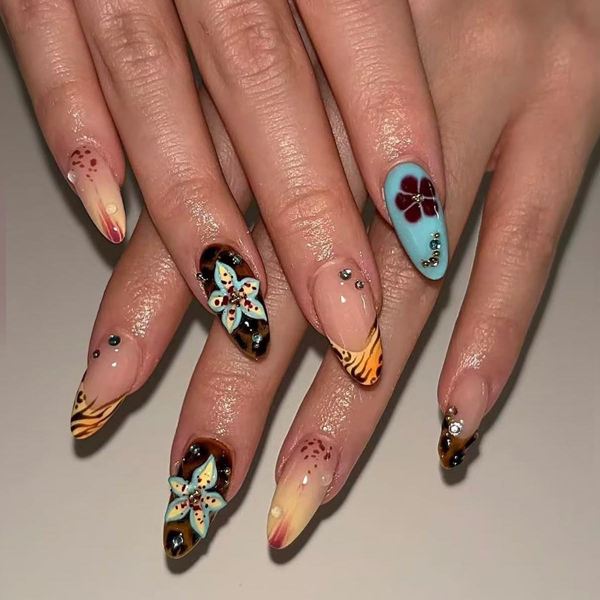 Almond Press on Nails 3D Floral Fake Dark Brown False Artificial Stick on Nails