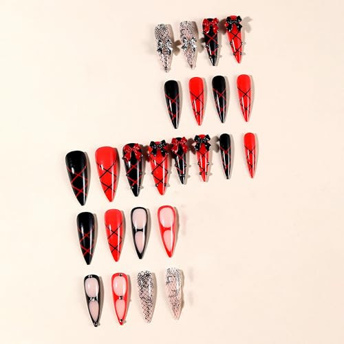Stiletto Press on Nails Long Fake Nails Black Red Glue on Nails Bow ANS214goth