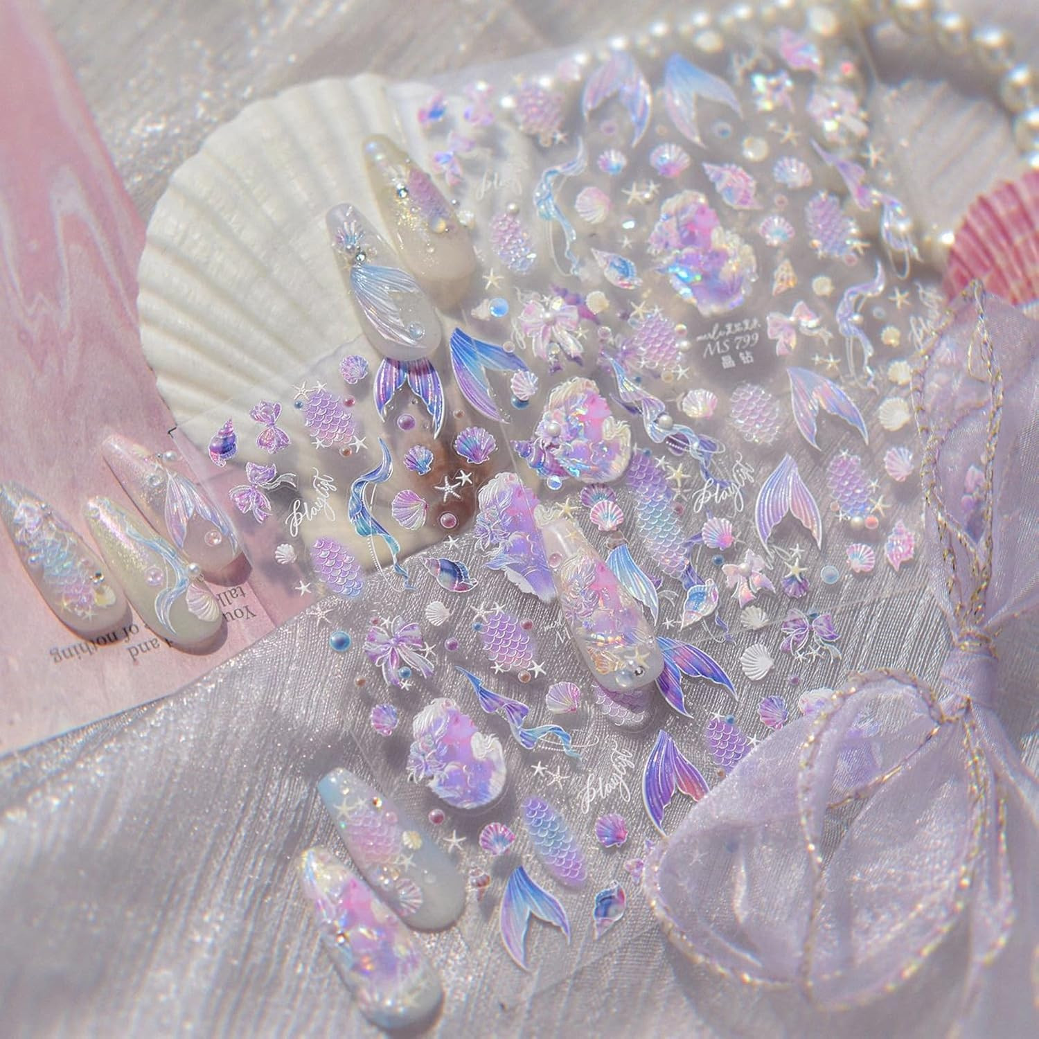 5D Mermaid Nail Stickers Holographic Shell Fish Tail Star Pearl Self Adhesive Em