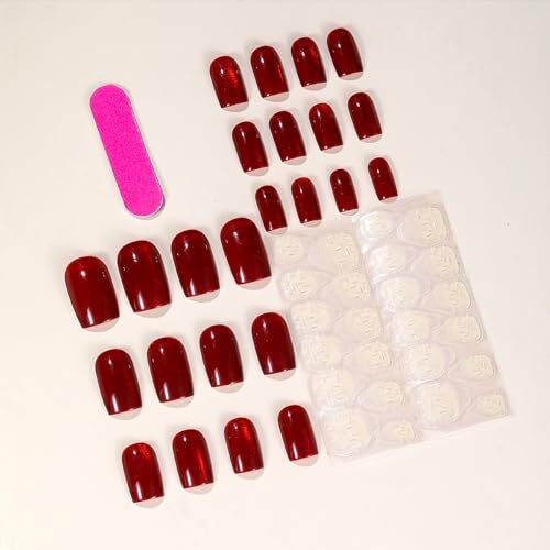 Wine Red Cat Eye Press on Nails Medium Glitter Square Acrylic Cat Eye Design 79