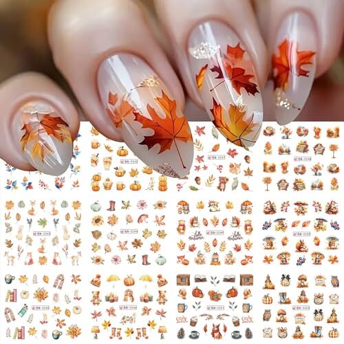 Fall Nail Stickers 12 Sheets Fall Leaf Nail Decals Water Transfer Design 1