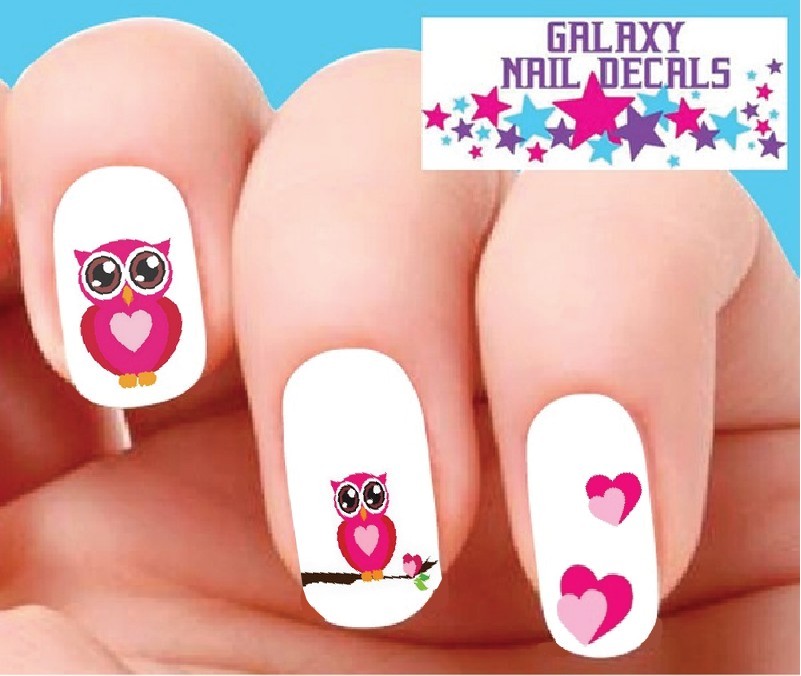 Waterslide Owls Nail Decals – Set of 20 Pink Owl with Hearts Assorted