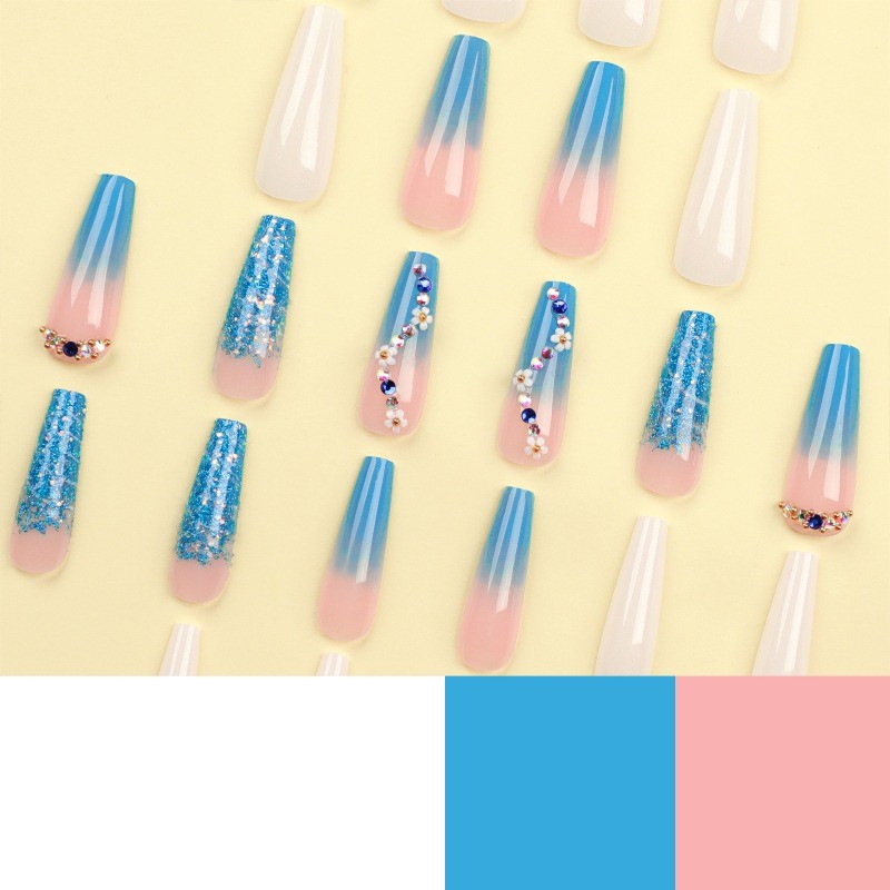48P-Blue Pink Ombre 3D Flower Stiletto Press on Nails Color Rhinestone Fake Tips