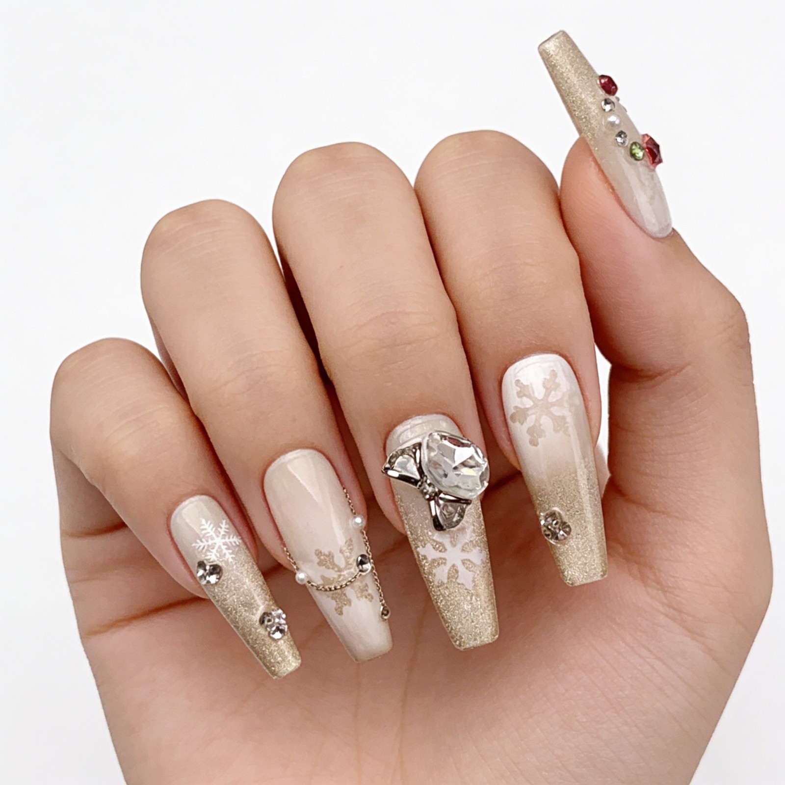 Christmas Glitter Press On Nails Long Coffin Gold Snowflake Rhinestone Set