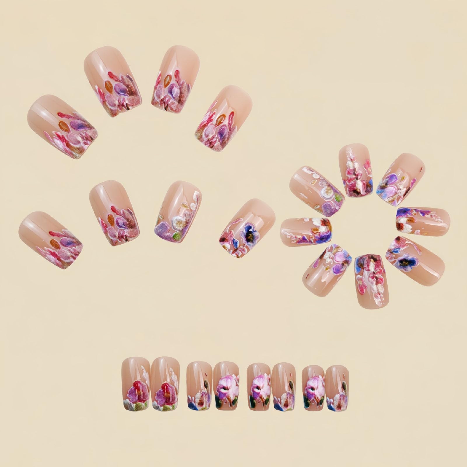 Flower Press on Nails Medium Square Fake with Floral Medium, pink