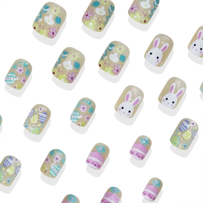 Adorable Rabbit Egg Printed Artificial Nail Short Square Shape Easy To Wear