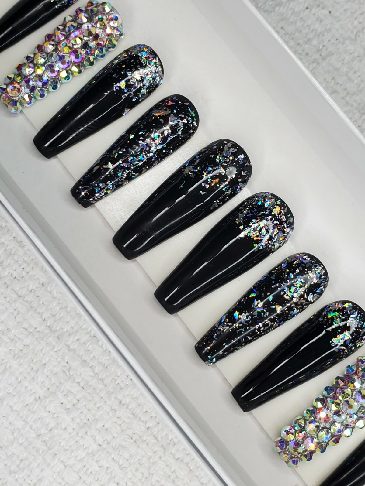 Black holographic glitter bling press on nails holo diamond crystal ballerina
