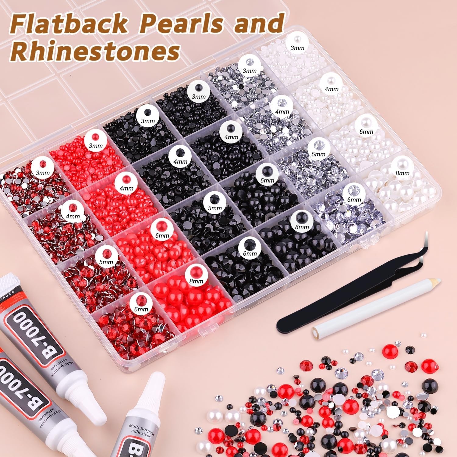 14000PCS Flatback Pearls and Rhinestones for Bedazzling Kit, Red White Black …
