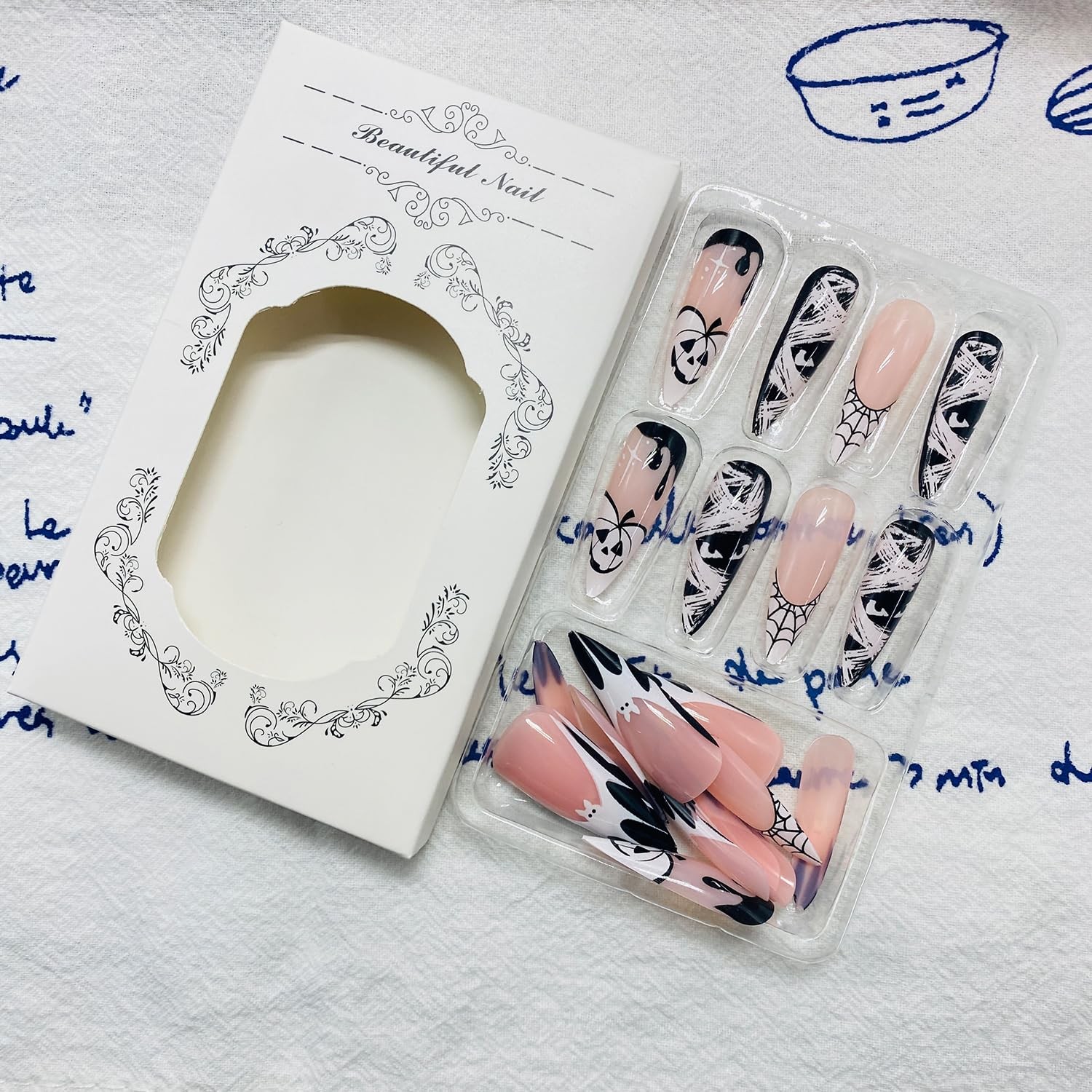 Halloween Press on Nails Pumpkin French Tip False Nails Medium Almond Full Co…